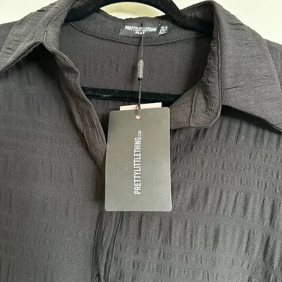 PrettyLittleThing Black Textured Ruched Side Midi Shirt Dress Size 14 - NWT - Picture 7 of 7